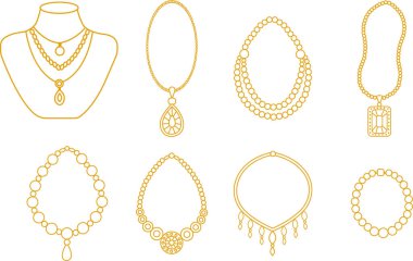 Altın Mücevher ikonları hazır. Kadın aksesuarları, bilezikler, zincir, kolye, taç, kolye, eskiz tarzında elmaslar. El çizimi vektör koleksiyonu şeffaf arkaplanda izole edildi.