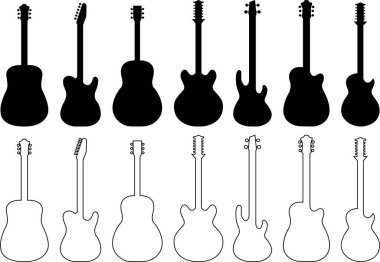 Gitar siluetleri simgesi düz ve çizgi vektörü olarak ayarlandı. Şeffaf arkaplanda izole edilmiş akustik müzik aleti işareti. Grafik tasarım, logo, web, sosyal medya, mobil uygulama için moda koleksiyonu