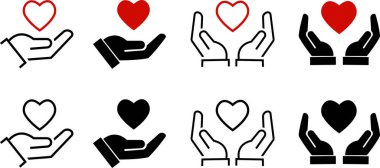 Kalp el ikonlarına ayarlandı. Eller kalp ikonunu tutuyor. Aşk ikonu. Sağlık, tıp sembolü. Kalbi düz tutan sağlık görevlileri ve şeffaf arkaplanda izole edilmiş çizgi biçimli stok vektör koleksiyonu.