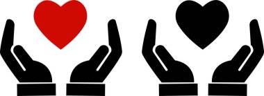 Kalp el ikonlarına ayarlandı. Eller kalp ikonunu tutuyor. Aşk ikonu. Sağlık, tıp sembolü. Şeffaf arkaplanda izole edilmiş kalp düz stil hisse senedi koleksiyonu tutan sağlık görevlileri.