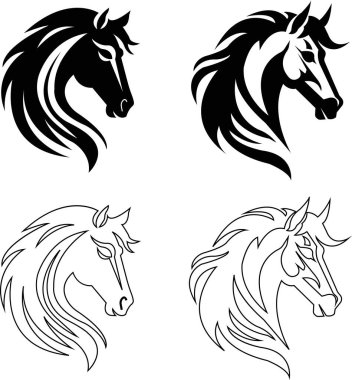 At kafası ikonu hayvan işaretini koydu. Siyah düz ya da çizgi vektör siluet baş at, şeffaf arkaplanda yaban aygırı. Web ve mobil uygulamalarda kullanmak için sembol koleksiyonu, logo, yazdırma ortamı