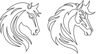 At kafası ikonu hayvan işaretini koydu. Siyah çizgi vektör siluet baş at, şeffaf arka planda yaban aygırı. Web ve mobil uygulamalarda kullanmak için sembol koleksiyonu, logo, yazdırma ortamı