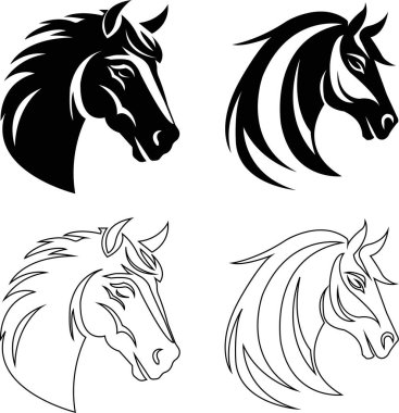At kafası ikonu hayvan işaretini koydu. Siyah düz ya da çizgi vektör siluet baş at, şeffaf arkaplanda yaban aygırı. Web ve mobil uygulamalarda kullanmak için sembol koleksiyonu, logo, yazdırma ortamı