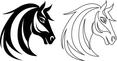 At kafası ikonu hayvan işaretini koydu. Siyah düz ya da çizgi vektör siluet baş at, şeffaf arkaplanda yaban aygırı. Web ve mobil uygulamalarda kullanmak için sembol koleksiyonu, logo, yazdırma ortamı