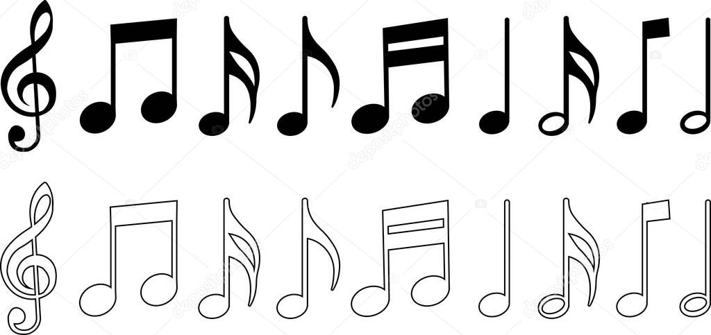 Music notes icon set, song, melody or tune flat or line vector collection isolated on transparent background. Musical key trendy style symbols design element logo template for musical apps and website