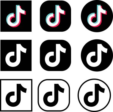 Tik Tok simgesi seti. Sosyal medya logoları. Siyah koleksiyon şeffaf arkaplanda izole edildi. İş ve reklam için Tik tok uygulama editoryal vektörü.