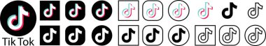Tik Tok simgesi seti. Sosyal medya logoları. Siyah koleksiyon şeffaf arkaplanda izole edildi. İş ve reklam için Tik tok uygulama editoryal vektörü.