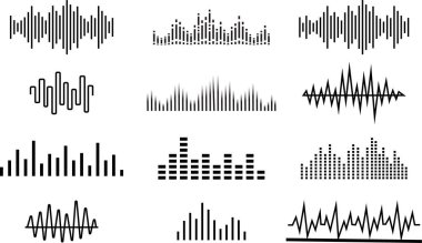 Radyo dalgası simgeleri seti. Tek renkli basit ses dalgası, şeffaf arkaplanda izole edilmiş. Dengeleyici, ses dalgaları, radyo sinyali, tıbbi, müzik, kayıt, vektör koleksiyonu. Ses düzeyi simgeleri