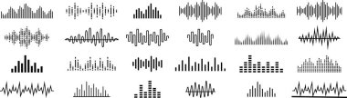 Radyo dalgası simgeleri seti. Tek renkli basit ses dalgası, şeffaf arkaplanda izole edilmiş. Dengeleyici, ses dalgaları, radyo sinyali, tıbbi, müzik, kayıt, vektör koleksiyonu. Ses düzeyi simgeleri