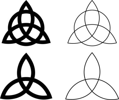 Triquetra işaret simgesi seti. Basit Kelt sembolü gibi basit siyah çizgi vektörü Trikvetr düğümü. Çember şeklinde üç Viking kabilesinin gücü. Düz dövmeli resim için şeffaf arkaplanda izole edilmiş.