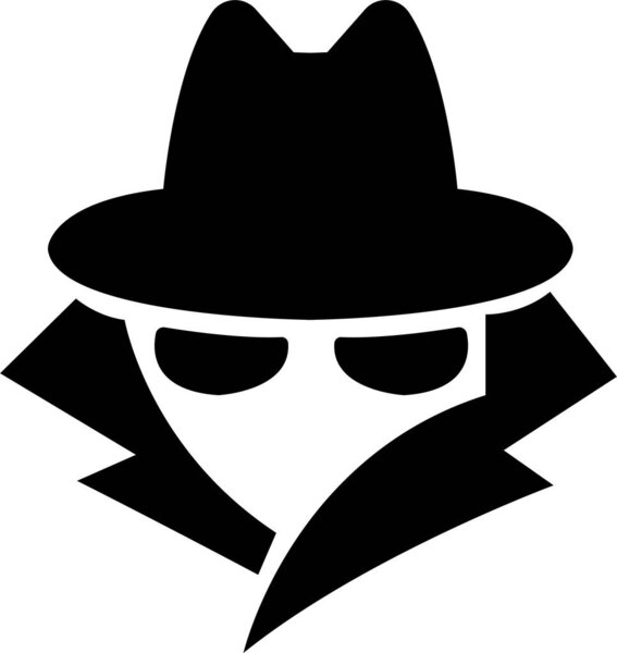 Инкогнито в шляпе и очках. Шпион агент черный вектор плоский и заполненный логотип изолирован на прозрачном фоне. Просмотр в закрытом режиме. Значок детектива для мобильного или веб-дизайна.