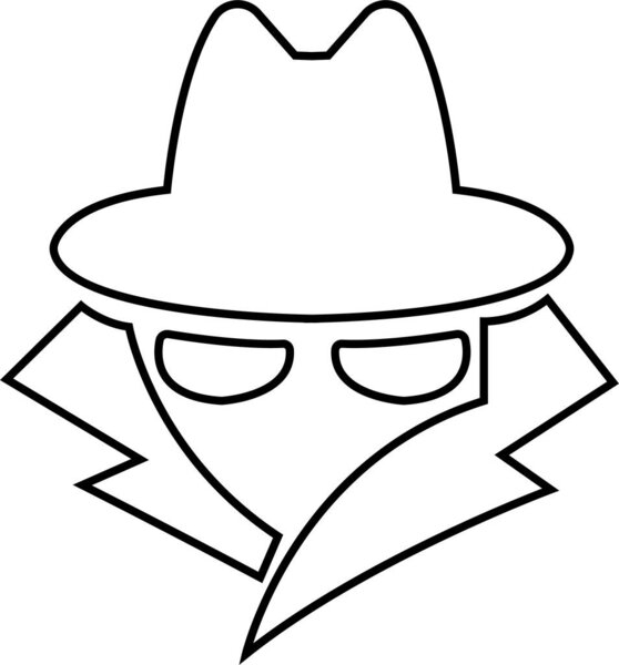 Инкогнито в шляпе и очках. Шпионский агент черный векторный контур и линейный логотип изолированы на прозрачном фоне. Просмотр в закрытом режиме. Значок детектива для мобильного или веб-дизайна.