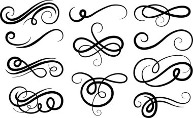 Siyah çizgi kaligrafik vintage girdap simgesi seti. Klasik antika tipografik filigran bukleleri. Zarif retro mürekkep el kapakları çizildi. Noel süslü düğün davetiyesi. Viktorya tarzı parşömeni büyüt.