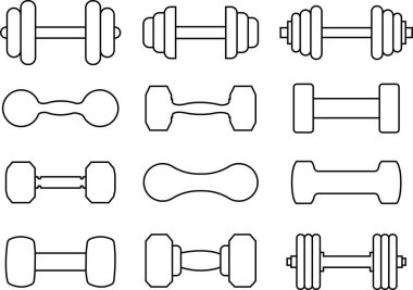 Mankafa simgesi. Şeffaf arkaplanda farklı dambıl koleksiyonu izole edildi. Spor salonu, uygulamalar ve web siteleri için ağırlık eğitimi ekipman hattı vektörü. Siyah işaret tasarımı.
