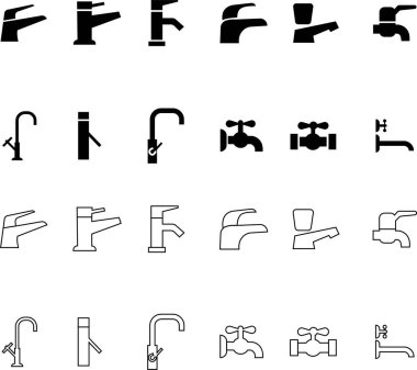 Musluk simgesi düz ve çizgi koleksiyonları. Banyo sembolü. Mutfak vektörü. Grafik ve web tasarımı için saydam arkaplan üzerinde basit, minimal Pictogram siyahı izole edildi. Yıkamak için su kullanmak..