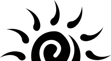 Siyah güneş düz ikonu, güneş ışığı ve güneş ışığı gün doğumu veya gün batımı. Dekoratif yarım daire güneş ve güneş ışığı. Bronzlaşmak için sıcak güneş enerjisi. Şeffaf arkaplanda vektör izole edildi. El çizimi sembol.