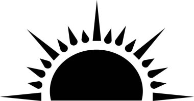 Siyah güneş düz ikonu, güneş ışığı ve güneş ışığı gün doğumu veya gün batımı. Dekoratif yarım daire güneş ve güneş ışığı. Bronzlaşmak için sıcak güneş enerjisi. Şeffaf arkaplanda vektör izole edildi. El çizimi sembol.