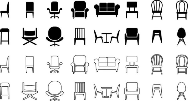 Chair and seating icon set black flat and line collection. Office chair, armchair and sofa vector isolated on transparent background. Chairs of different shapes and styles. classical and modern symbol