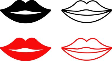 Ağız dudakları çizgi vektör ikonu dolduruldu ve ana hatları çizildi. Kız resimli resmi kırmızı ve siyah renkte öpüyor. Kadın dudakları güzellik tasarımı konsepti. Moda biçimi izole edilmiş şeffaf arkaplan.