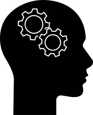 Kafadaki dişliler, eleştirel düşünme ve zeki problem çözme becerilerini temsil ediyor. Şeffaf arka planda izole edilmiş düz çizgi siyah vektör. Uygulamalar ve web siteleri için özet simgesi