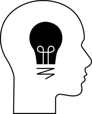 Kafasında ampul simgesi olan bir kafa. İlham yaratıcı fikir, çözüm ve yenilik, bilgi. Fikir konsepti çizimi ya da düz stil. Grafik ve web için saydam arkaplanda izole edilmiş siyah vektör.