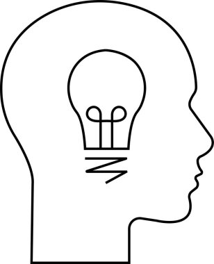 Kafasında ampul simgesi olan bir kafa. İlham yaratıcı fikir, çözüm ve yenilik, bilgi. Fikir konsepti doğrusal çizim biçimi. Grafik ve web için saydam arkaplanda izole edilmiş siyah çizgi vektörü.