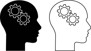 Kafadaki dişliler, eleştirel düşünme ve zeki problem çözme becerilerini temsil ediyor. Şeffaf arka planda izole edilmiş düz çizgi siyah vektör koleksiyonu. Uygulamalar ve web siteleri için simge kümesi