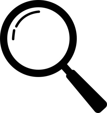 Arama simgesi. Araştırma bilgi kavramı için büyüteç dolu siyah vektör. Saydam arkaplanda izole edilmiş düz stil büyüteç veya loupe işareti içerisindeki büyütme simgesi.