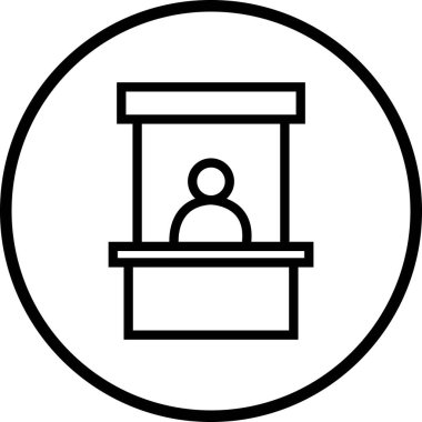 Satış kabini ikonu tanıtım bilgi standı insan hattı ya da düz tabela ile. Bilet penceresi sayaç vektör sembolünü şeffaf arkaplan doldurulmuş ve çizilmiş biçim üzerinde izole et.