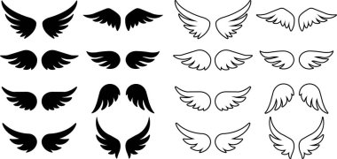 Bir dizi siyah kanat simgesi. Kanat rozetleri, şeffaf arkaplanda izole edilmiş düz kanat veya çizgi vektörü koleksiyonu yapar. Tasarım, Sunum, Web Sitesi veya Uygulama Elemanı Logosu için ana hatlı sanat trend tarzında sembol
