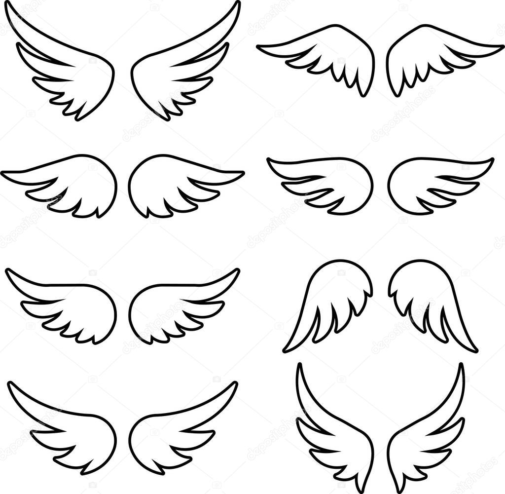 Set of black wings icons. Wings badges collection wings line vector isolated on transparent background. Symbol in outline art trendy style for design, Presentation, Website or App Element Logo