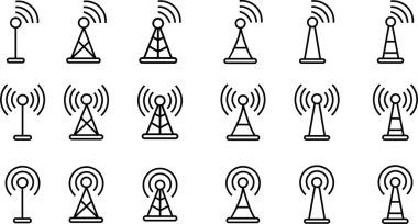 Anten çizgisi simgesi ayarlandı. Şeffaf arkaplanda izole edilmiş radyo anten siyah doğrusal vektör. Radyo kulesi. İletişim kuleleri taslak koleksiyonu. Verici alıcısı kablosuz sinyal. Kolayca düzenlenebilir