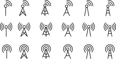 Anten çizgisi simgesi ayarlandı. Şeffaf arkaplanda izole edilmiş radyo anten siyah doğrusal vektör. Radyo kulesi. İletişim kuleleri taslak koleksiyonu. Verici alıcısı kablosuz sinyal. Kolayca düzenlenebilir