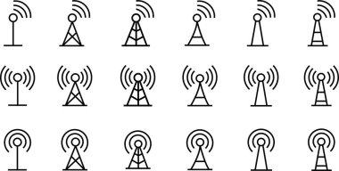 Anten çizgisi simgesi ayarlandı. Şeffaf arkaplanda izole edilmiş radyo anten siyah doğrusal vektör. Radyo kulesi. İletişim kuleleri taslak koleksiyonu. Verici alıcısı kablosuz sinyal. Kolayca düzenlenebilir