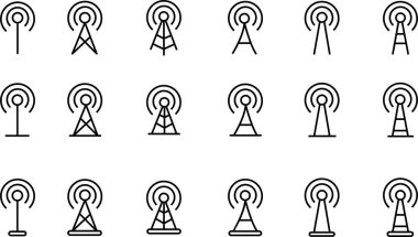 Anten çizgisi simgesi ayarlandı. Şeffaf arkaplanda izole edilmiş radyo anten siyah doğrusal vektör. Radyo kulesi. İletişim kuleleri taslak koleksiyonu. Verici alıcısı kablosuz sinyal. Kolayca düzenlenebilir