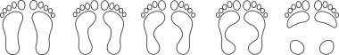İnsan ayak izi ikonu seti. Ayak izi, ayak izleri, saydam arkaplanda izole edilmiş siyah vektör koleksiyonu. İnsan ayak izleri silueti. Ağ ve uygulama için yalınayak, spor ayakkabısı ve ayak izi.
