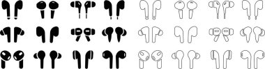 HandFree icon set. Headphones wireless earphones flat and line black vector collection isolated on transparent background. Headset silhouette earphone symbol computer technology icon. Hand free group. clipart