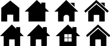 Ev simgeleri ayarlandı. Ev sembolü gayrimenkul nesneleri ve şeffaf arka planda izole edilmiş siyah düz vektör koleksiyonu. Yatırım, Konut Binası, Şehir, Daire, İnternet ve Uygulama.