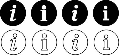 Bilgi simgeleri ayarlandı. Bilgi siyah daire vektör düz veya çizgi koleksiyonu şeffaf arkaplan izole. Bilgi düğmesi farklı şekilde. Mobil uygulamalar ve web siteleri için düzenlenebilir bilgi sembolü.