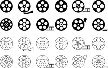Film makarası ikonu hazır. Klasik tarzda siyah film makarası ikonu. Saydam arkaplanda izole edilmiş film şeridi veya çizgi vektör koleksiyonu olan eski bir retro bobin. Fotoğraf, Eğri Film Şeridi PNG.