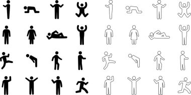 İnsanları resim ikonuna ayarla. Hareketli aktif yaşam tarzı siyah düz veya çizgi vektör koleksiyonu olan insanlar şeffaf arka planda izole edilmiştir. Erkek ya da kadın Temel Duruş Oturan İşaret Sembolü.