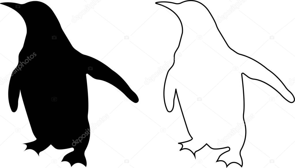 Penguin black icon set. Flat and line vector collection isolated on transparent. Logo baby cartoon character symbol graphic doodle animal element, characters play fun, make snowman, skating and skiing