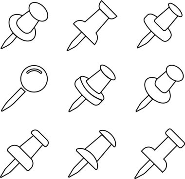 İğne simgeleri ayarlandı. Raptiye yerine raptiye. Kağıt ataç sembolü Pushpin satır biçimi koleksiyonu izole edilmiş şeffaf arkaplan Bir tahta ya da harita stok vektörü sabitlemek için bir iğne