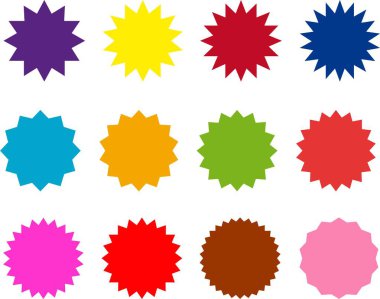 Yıldız patlaması satış etiketi ya da kurdele renkli simge fiyatı, indirim, güneş patlaması rozetleri düz boş vektör. Özel teklif fiyat etiketi tanıtım etiketi şeffaf arkaplan izole