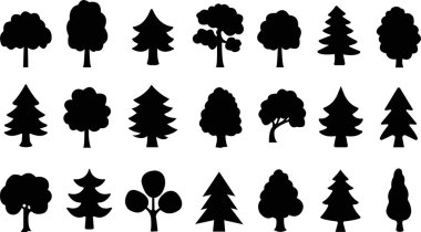 Ağaçlar düz simgeler oluşturuldu. Bitkiler, manzara tasarımı, köknar ağacı, sulu, mahremiyet çalı, çimenler, şeffaf arkaplanda izole edilmiş siyah vektör koleksiyonu. Ağaç siluetleri doğada var.