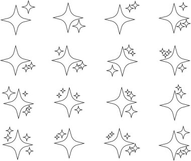 Geçmişe dönük parlak simgeler koleksiyonu. Yıldız şekilleri. Soyut havalı parlaklık efekti işareti siyah çizgi vektör tasarımı. Tasarım şablonları, posterler, projeler, afişler, logolar, kartvizitler