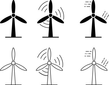 Rüzgar türbini simgeleri siluetleri ayarlar. Windmill siyah düz veya çizgi vektör koleksiyonu şeffaf arkaplanda izole. Rüzgar güç simgeleri. Alternatif enerji sembolleri. Grafik ve web tasarımı için EPS 10.