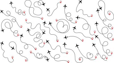 Başlangıç noktasından çizgi takip simgesi setine kadar seyahat konsepti. Uçak ya da uçak rotası. Uçak takip rotası, seyahat, harita iğneleri, lobutlar. Siyah vektör zigzag yol koleksiyonu.