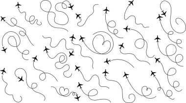 Başlangıç noktasından çizgi takip simgesi setine kadar seyahat konsepti. Uçak ya da uçak rotası. Uçak takip rotası, seyahat, harita iğneleri, lobutlar. Siyah vektör zigzag yol koleksiyonu.