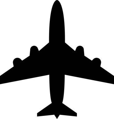 Uçak ikonu. Saydam arka planda izole edilmiş uçak siyah düz vektörü. Uçuş taşıma sembolü. Seyahat, uçuş işareti askeri jet uçakları, sivil turbofan havacılık uçakları..